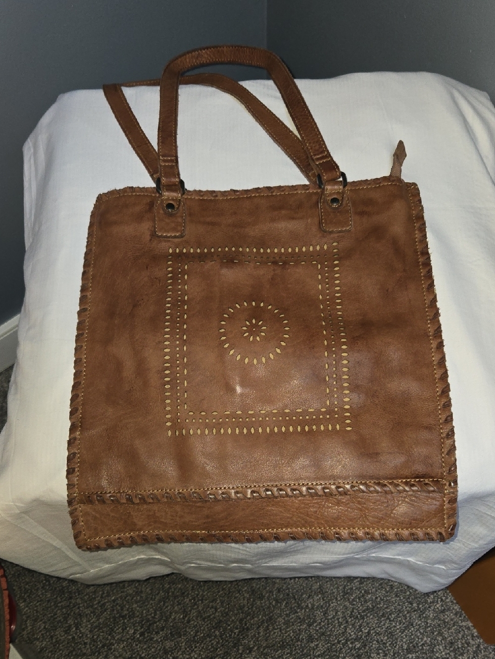 Lattico Brown Leather Tote Bag with Stitch  Detailing